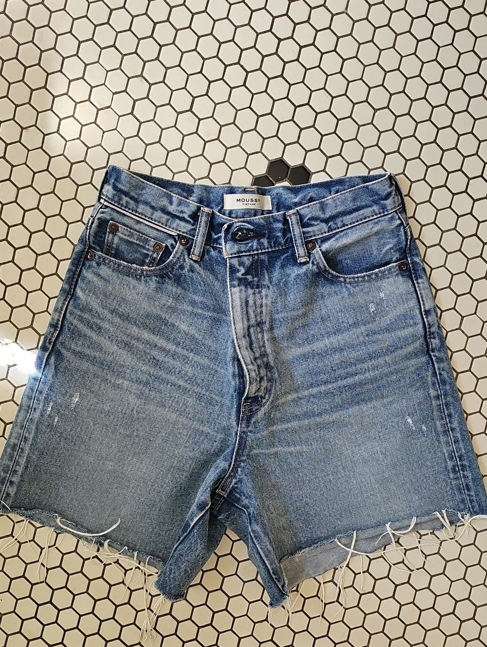 Moussy Washed Blue High-Waist Cutoff Denim Shorts